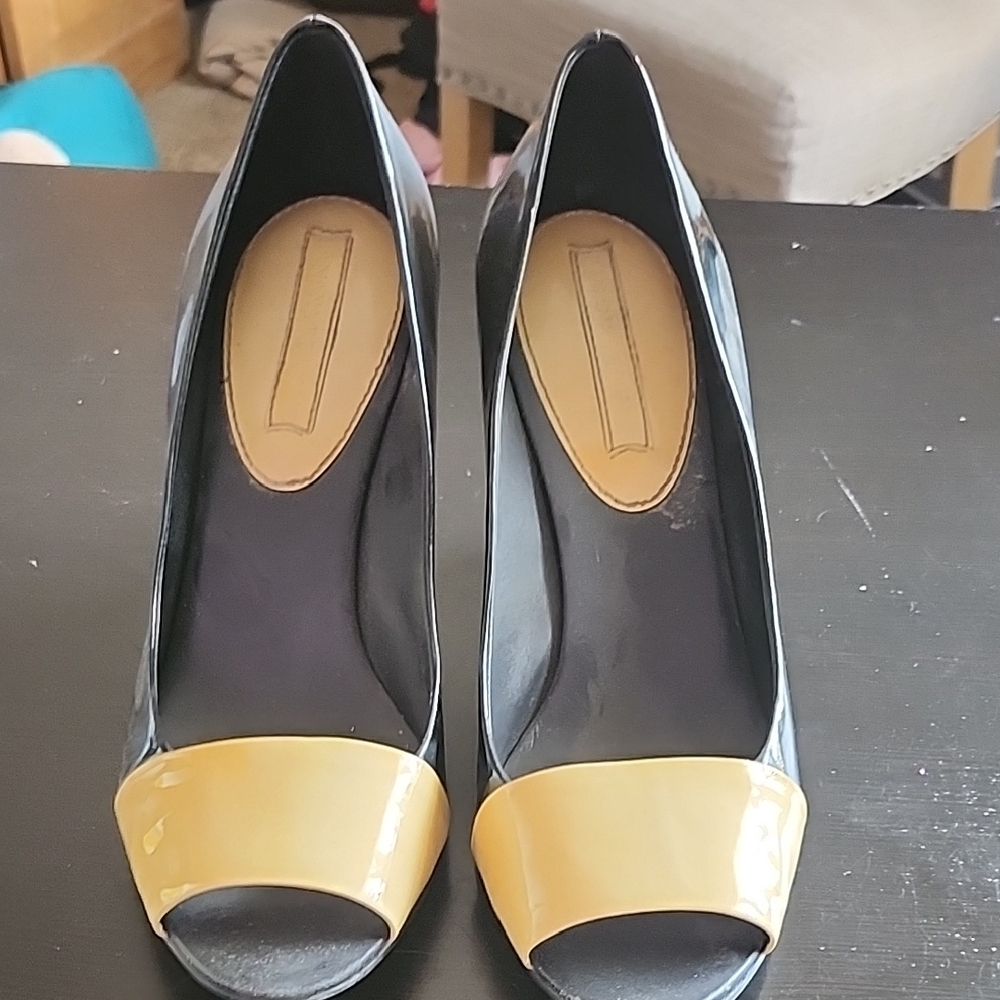 Elegant Black and Yellow Women's Peep Toe Wedges